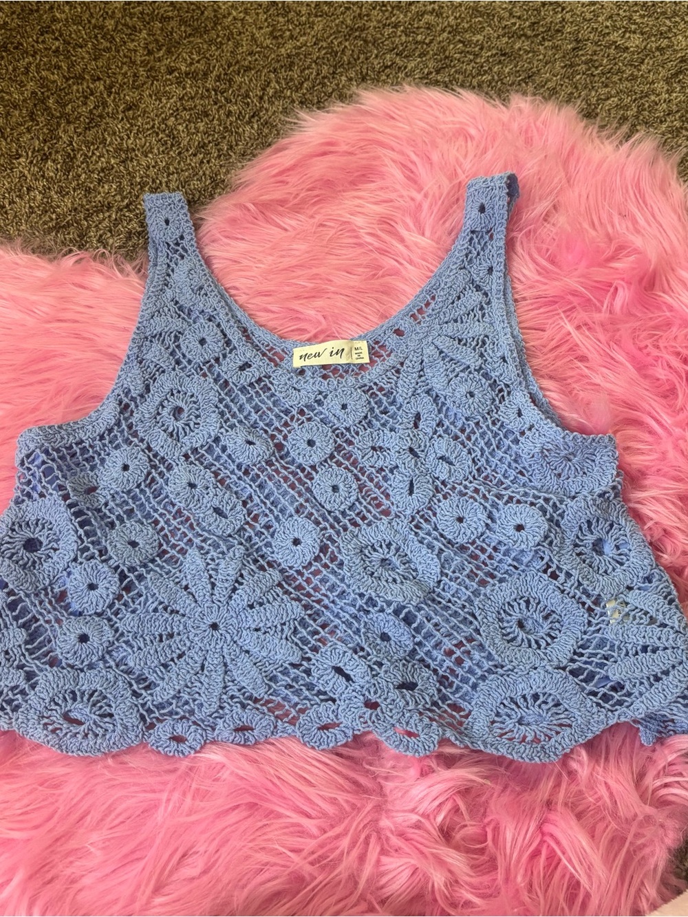 New In Blue Crochet Tank Top Boho Festival Beach Cover Up M/L